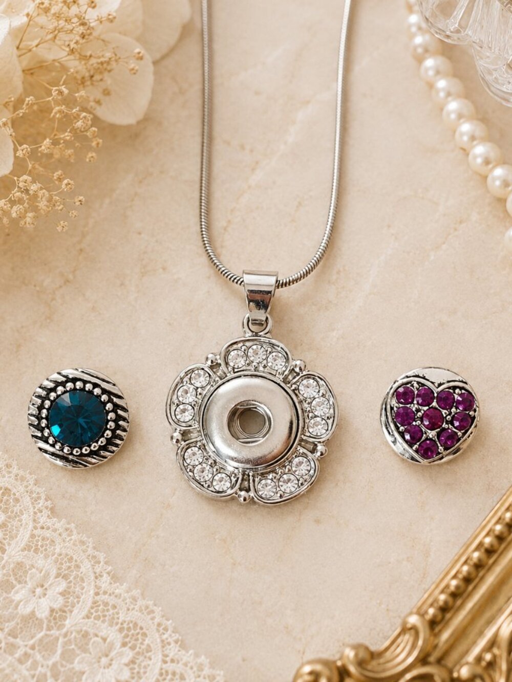 Silver Rhinestone Flower Snap Necklace Blue Crystal & Purple Heart 925 Chain